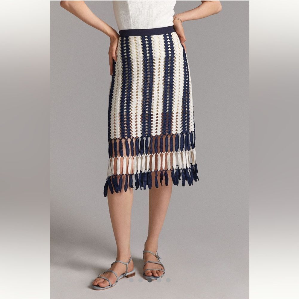 NWT Eva Franco Crochet Skirt Blue White Anthropologie Large - Picture 9 of 11